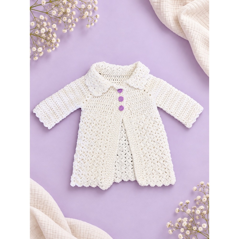Baby Girl 9-12M Crochet Handmade Cardigan White Purple Button Cottagecore
